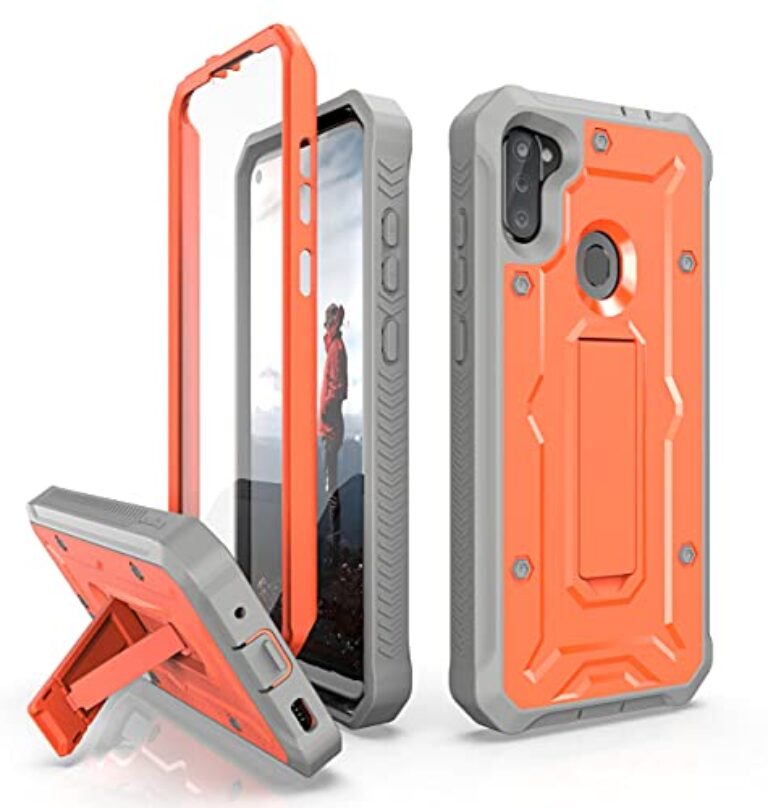 ArmadilloTek Capa Vanguard compatível com Samsung Galaxy A11 de grau militar resistente com protetor de tela integrado e suporte - laranja