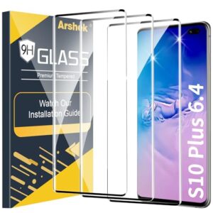 Arshek Pacote com 3 protetores de tela para Galaxy S10 Plus, vidro temperado 9H, suporte ultrassônico para impressão digital, curvado em 3D, HD transparente resistente a arranhões para Samsung S10