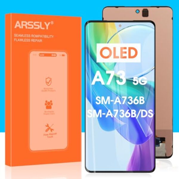 ARSSLY Substituição De Tela Oled Para Samsung Galaxy A73 5G, Display Lcd A736 Sm-A736B A736B/Ds, Conjunto Digitalizador E Touchscreen Com Kit Reparo (Preto, 6,7")