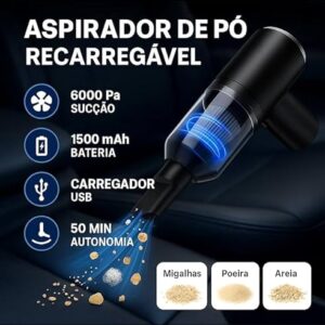 Aspirador de Pó Portátil 2 em 1 6000Pa — Aspirar e Soprar, USB Recarregável, Filtro HEPA Lavável, para Carro, Teclado e Casa