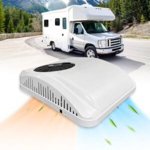 Aspligo Ar condicionado elétrico RV 12V 9000BTU para trailers, caminhões, vans, campistas, tratores, ventilador duplo de estacionamento de 12 volts, unidade CA silenciosa, alimentada por bateria