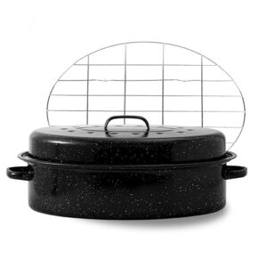 Assadeira oval com tampa e rack Conjunto de assadeira grande de 45,7 cm vem com rack de ferro esmaltado para cozinha e lava-louças, compatível com forno de granito