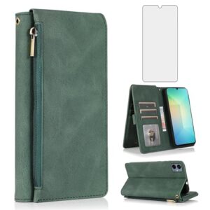 Asuwish Capa carteira compatível com Samsung Galaxy A06 5G, protetor de tela de vidro temperado e zíper retrô de couro, suporte para cartão, acessórios para celular Ao6 A 06 4G LTE mulheres homens