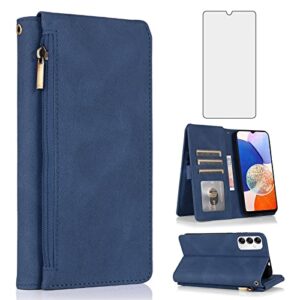 Asuwish Capa carteira compatível com Samsung Galaxy A14/M14 5G, protetor de tela de vidro temperado e zíper retrô de couro, suporte para cartão, acessórios para celular para A 14 4 G, 14 A, 14 M, G5