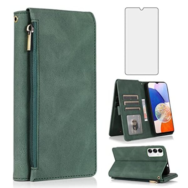 Asuwish Capa carteira compatível com Samsung Galaxy A14/M14 5G, protetor de tela de vidro temperado e zíper retrô, capa flip de couro, suporte para cartão, acessórios de celular para A 14 4 G 14 A 14