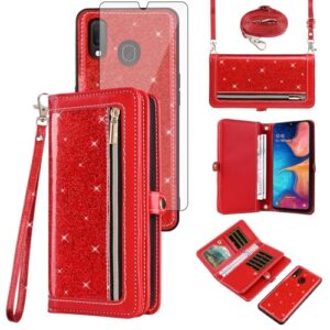 Asuwish Capa carteira compatível com Samsung Galaxy A20 A30 e protetor de tela de vidro temperado, capa flip de couro com glitter, zíper e porta-cartões, capas para celular para M10s A 30 20A SM A205G