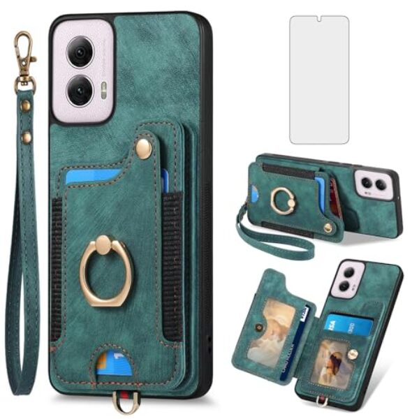 Asuwish Capa de celular para Motorola Moto G Power 5G 2024 capa carteira com protetor de tela de vidro temperado e alça de pulso RFID suporte para cartão de crédito anel acessórios para celular G5