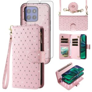Asuwish Capa de celular para Motorola Moto G Stylus 5G 2025 com zíper carteira magnética destacável com protetor de tela alça transversal alça de glitter para cartão slots G5 mulheres meninas rosa