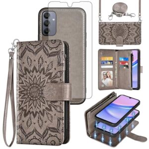 Asuwish Capa de celular para Samsung Galaxy A15 5G/4G Carteira com zíper magnética destacável com protetor de tela alça transversal alça de flor flip porta-cartão A 15 G5 15A mulheres homens cinza
