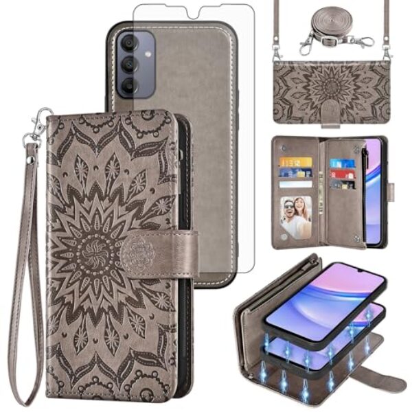 Asuwish Capa de celular para Samsung Galaxy A15 5G/4G Carteira com zíper magnética destacável com protetor de tela alça transversal alça de flor flip porta-cartão A 15 G5 15A mulheres homens cinza