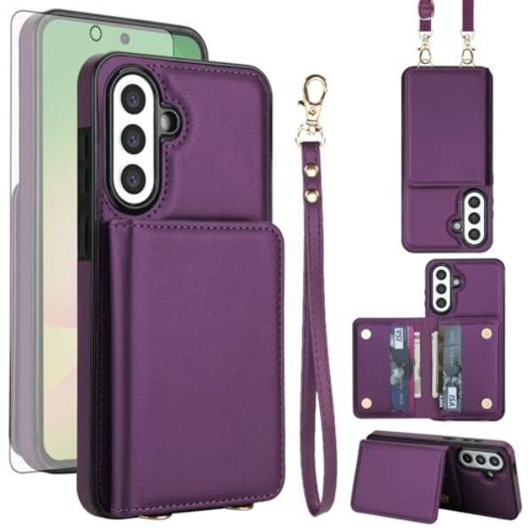 Asuwish Capa de celular para Samsung Galaxy A17/A26 5G carteira celular com protetor de tela de vidro temperado alça transversal de pulso bloqueio RFID compartimento para cartão de crédito A 17 26 17A