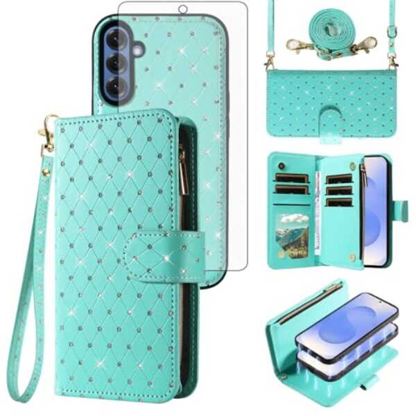 Asuwish Capa de celular para Samsung Galaxy A36 5G carteira com zíper destacável com protetor de tela alça transversal alça com glitter compartimentos para cartão A 36 36A LTE SM-A366U mulheres