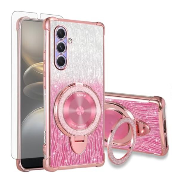 Asuwish Capa de celular para Samsung Galaxy A55 5G capa magnética com protetor de tela de vidro temperado e glitter brilhante à prova de choque anel rígido suporte rígido acessórios A 55 55A A555G