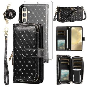Asuwish Capa de celular para Samsung Galaxy A56 5G capa carteira com zíper com protetor de tela de vidro temperado, alça transversal com cordão com glitter, compartimento para cartão A 56 56A LTE