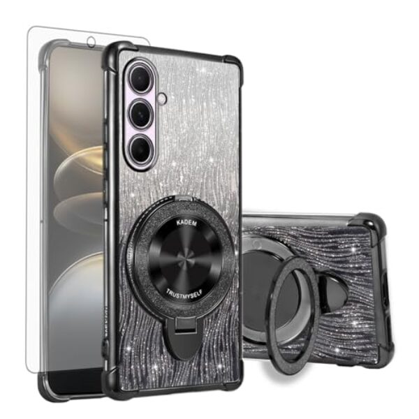 Asuwish Capa de celular para Samsung Galaxy A56 5G capa magnética com protetor de tela de vidro temperado e glitter brilhante à prova de choque anel rígido suporte rígido acessórios A 56 56A LTE