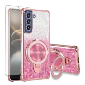 Asuwish Capa de celular para Samsung Galaxy S21 FE 5G capa magnética com protetor de tela de vidro temperado e anel híbrido com glitter brilhante suporte rígido S 21 EF S21FE5G UW S21FE 21S G5 16.3 cm