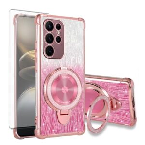 Asuwish Capa de celular para Samsung Galaxy S22 Ultra 5G capa magnética com protetor de tela de vidro temperado e anel de glitter brilhante suporte rígido acessórios S22ultra 22S S 22 S22ultra5g 6,8