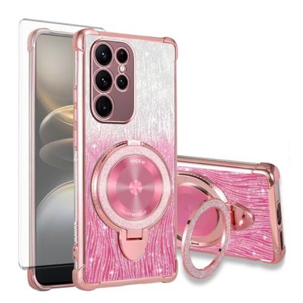 Asuwish Capa de celular para Samsung Galaxy S22 Ultra 5G capa magnética com protetor de tela de vidro temperado e anel de glitter brilhante suporte rígido acessórios S22ultra 22S S 22 S22ultra5g 6,8