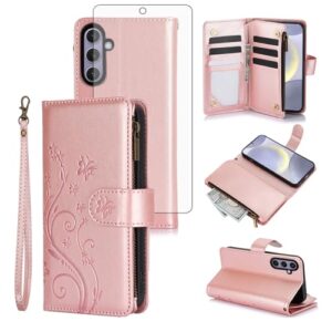 Asuwish Capa de celular para Samsung Galaxy S25 FE 5G capa de celular carteira com protetor de tela de vidro temperado alça flor flip zíper porta-cartão slot suporte S 25 EF S25FE 25S 25FE mulheres