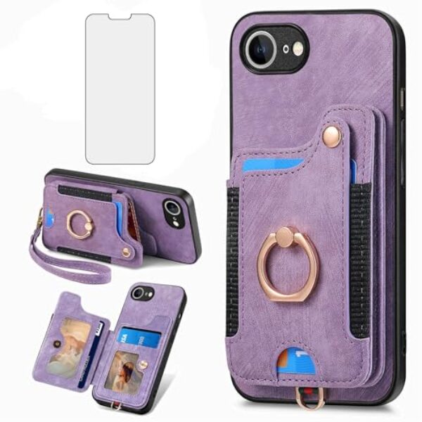 Asuwish Capa de telefone para iPhone 16e/SE 2025/SE 4 capa carteira com protetor de tela de vidro temperado alça de pulso RFID suporte para cartão de crédito anel suporte i Phone16e i16e 16 e SE4 4ª