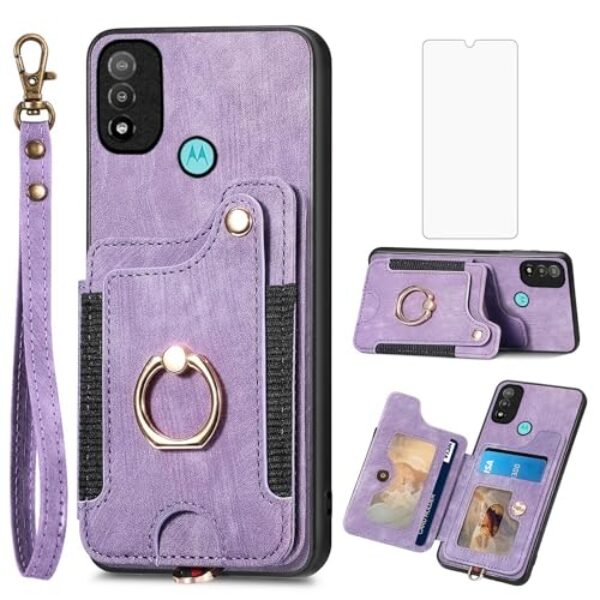 Asuwish Capa de telefone para Motorola Moto E20/E30/E40 capa carteira com protetor de tela de vidro temperado e alça de pulso RFID suporte de cartão de crédito anel acessórios XT2155 2021 mulheres