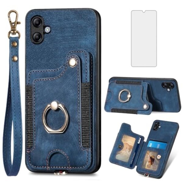 Asuwish Capa de telefone para Samsung Galaxy A04e capa carteira com protetor de tela de vidro temperado e alça de pulso RFID suporte de cartão de crédito anel acessórios para celular AO4e A 04e