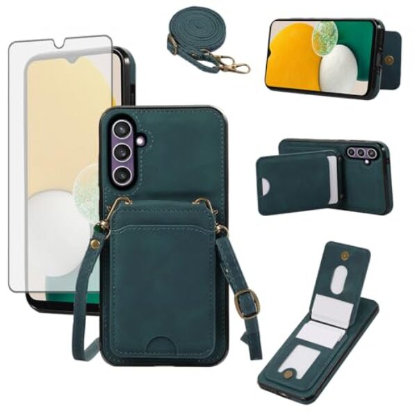 Asuwish Capa de telefone para Samsung Galaxy A13 5G capa carteira com protetor de tela de vidro e alça transversal para pulso suporte de cartão acessórios celulares A04S M13 G5 A 13 2022 13A A135G SM