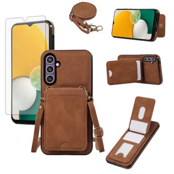 Asuwish Capa de telefone para Samsung Galaxy A14/M14 5G capa carteira com protetor de tela de vidro e alça de pulso transversal de couro flip porta-cartão de crédito acessórios para celular A 14 4G