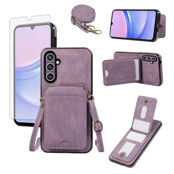 Asuwish Capa de telefone para Samsung Galaxy A16 5G/4G Capa carteira com protetor de tela de vidro e alça de pulso transversal de couro flip porta-cartão de crédito acessórios celulares A 16 16A