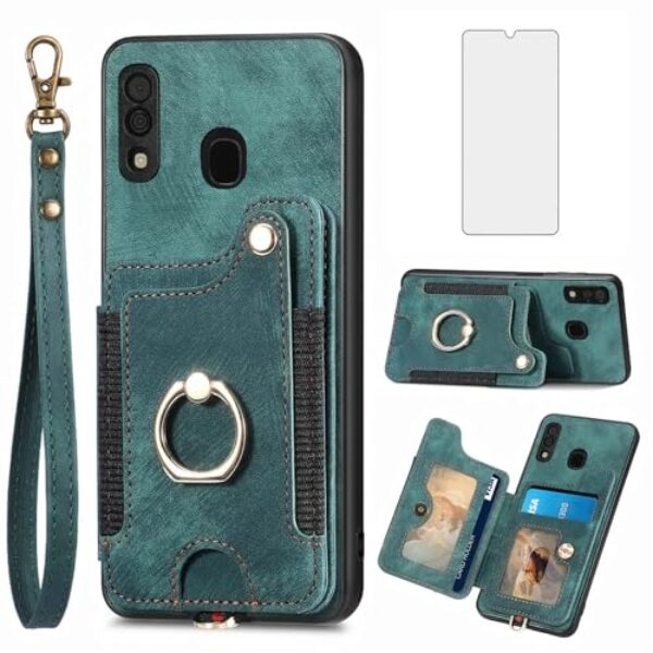 Asuwish Capa de telefone para Samsung Galaxy A20 A30 capa carteira com protetor de tela de vidro temperado e alça de pulso RFID suporte para cartão de crédito anel suporte celular M10s A 30 20A SM