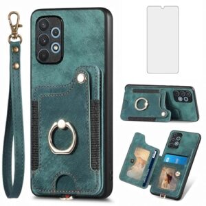 Asuwish Capa de telefone para Samsung Galaxy A23 5G/4G capa carteira com protetor de tela de vidro temperado alça de pulso cordão RFID suporte de cartão de crédito anel acessórios de celular A 23 23A