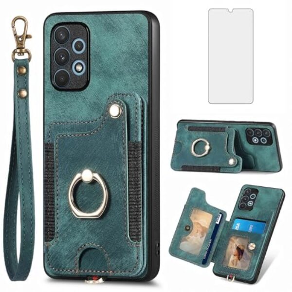 Asuwish Capa de telefone para Samsung Galaxy A23 5G/4G capa carteira com protetor de tela de vidro temperado alça de pulso cordão RFID suporte de cartão de crédito anel acessórios de celular A 23 23A