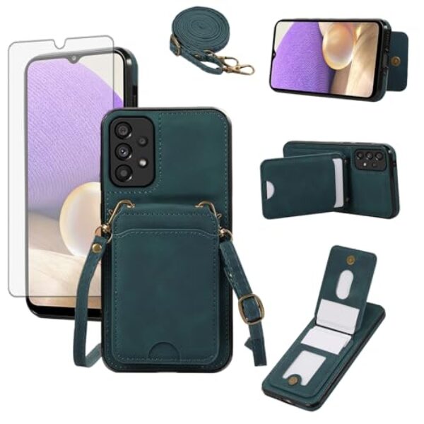 Asuwish Capa de telefone para Samsung Galaxy A32 5G 2021 16.5 cm capa carteira com protetor de tela temperado e alça de pulso suporte de cartão acessórios celulares M32 G5 A 32 32A S32 SM-A326U A326U