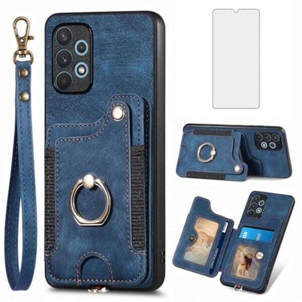 Asuwish Capa de telefone para Samsung Galaxy A33 5G capa carteira com protetor de tela de vidro temperado e alça de pulso RFID suporte de cartão de crédito anel acessórios de celular A 33 33A mulheres