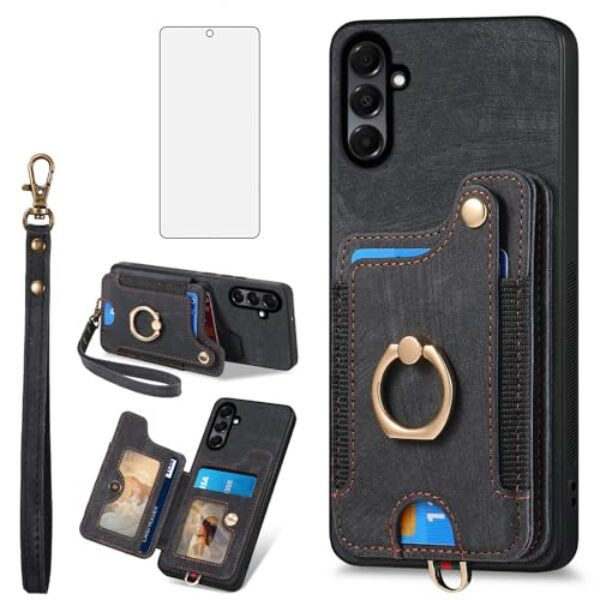 Asuwish Capa de telefone para Samsung Galaxy A56 5G capa carteira com protetor de tela de vidro temperado e alça de pulso RFID suporte de cartão de crédito anel acessórios de celular A 56 56A LTE