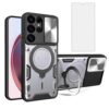 Asuwish Capa de telefone para Samsung Galaxy S25 Ultra 5G Capa magnética para câmera deslizante com protetor de tela de vidro temperado e suporte de anel, acessórios para celular S25Ultra 25S S 25