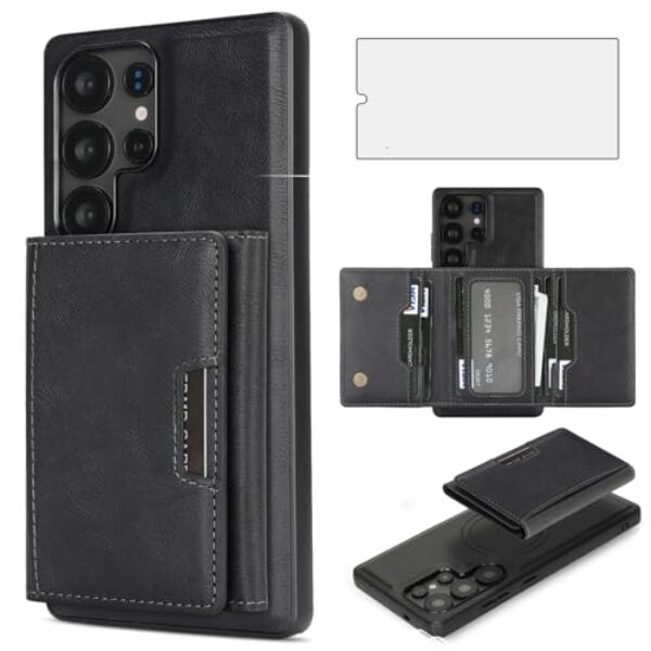Asuwish Capa de telefone para Samsung Galaxy S25 Ultra 5G carteira magnética destacável com protetor de tela e suporte de cartão de crédito de couro PU slot para celular S25Ultra 25S S 25 25Ultra 6.9