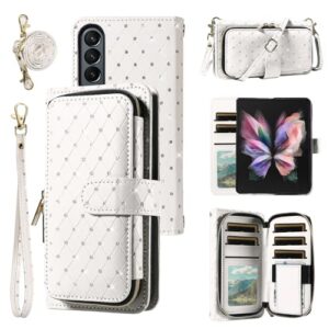 Asuwish Capa de telefone para Samsung Galaxy Z Fold 3 5G 2021 capa carteira com zíper com alça transversal alça de cordão bling glitter flip compartimento para cartão ZFold3 Z3 Fold3 ZFold 3Z ZFold35G