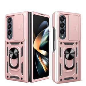 Asuwish Capa de telefone para Samsung Galaxy Z Fold 4 5G 2022 com capa para câmera e protetor de tela de vidro temperado suporte rígido suporte de anel híbrido acessórios para celular ZFold4 Z4 Fold4