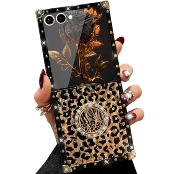 AuroiCCY Capa para Samsung Galaxy Z Flip 7 Leopard com suporte de anel de strass preto estampa de chita proteção à prova de choque brilhante para mulheres meninas, leopardo preto