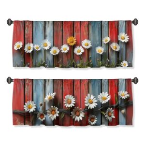 AWJJPO Cortina de sanefa floral Farmhouse para janelas, pacote com 2, margarida, rústica, vermelha, cinza, branca, com bolso para varão de madeira, decorativa, para cozinha, banheiro, quarto, sala de