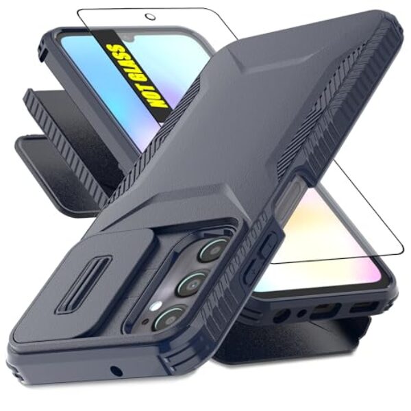 AWZHYDT Capa para Samsung Galaxy A05s com capa de câmera deslizante integrada e protetor de tela, [2 em 1] Capa protetora resistente à prova de choque para Galaxy A05s (azul)