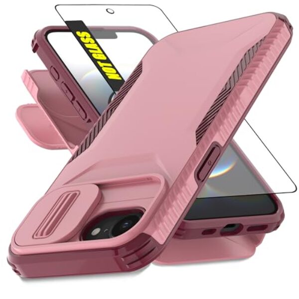 AWZHYDT Capa projetada para iPhone 16e | Capa de câmera deslizante integrada e protetor de tela [2 em 1] Capas protetoras resistentes à prova de choque para iPhone 16E de 6,1 polegadas (rosa)