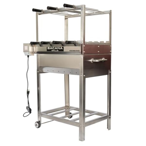 Bacana Grills Churrasqueira multifuncional brasileira – 7 espetos – Churrasco – Multi Rotisserie – Aço inoxidável – Churrasqueira Gaúcha Portátil de Madeira e Churrasqueira a Carvão