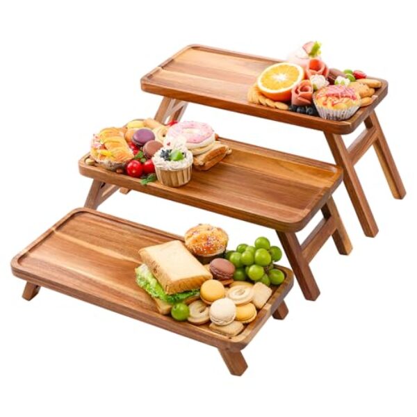 Bandeja de servir de 3 camadas, suporte e torres de cupcake de madeira de acácia, para festa, conjunto de exibição de mesa de sobremesa, decoração de tabuleiros de charcutaria para aniversário