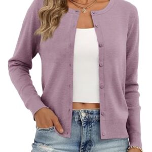 Bellcoco Cardigã feminino leve gola redonda botão manga longa outono moda roupas 2025, Lavanda, P