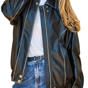 Bello vita Jaqueta bomber feminina de couro sintético vintage grande para primavera e outono, Preto, PP