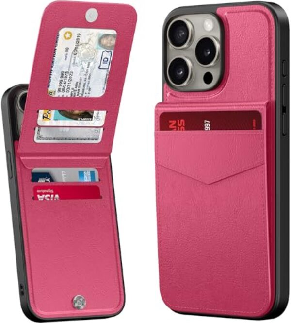 Bemal Capa carteira para iPhone 13 Pro Max, suporte de cartão embutido, bloqueio RFID, suporte de couro PU, fecho magnético, capa de telefone durável à prova de choque para mulheres e homens, rosa
