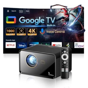 Bettdow Projetor 4k 1000 ANSI Full Hd 1080p, Sistema Google Tvintegrado, Netflix oficialmente licenciado, Retroprojetor Portatil WiFi 6 BT 5.0 AC1080 Bivolt Foco Automatico eKeystone Vertical de ±30°