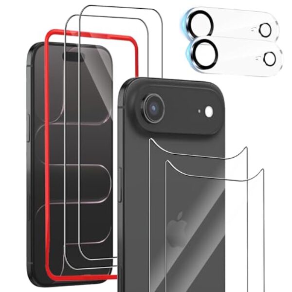 BIGFLYANTS Pacote com 2 protetores de tela frontal e 2 protetores de vidro traseiros compatíveis com iPhone 17 Air + 2 protetores de lente de câmera, dureza 9H, fácil de instalar com ferramenta de